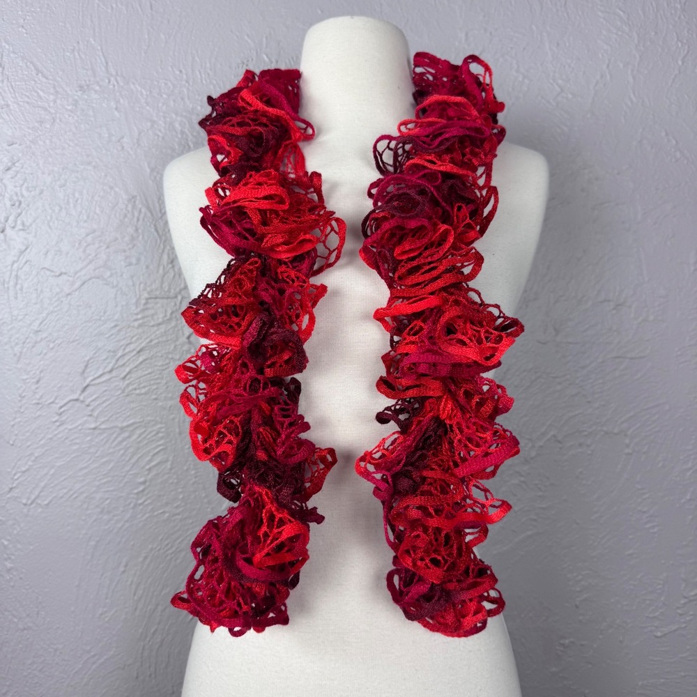 Vintage Red Ruffle Ribbon Scarf – 49" Good Condition y2k style crochet knit
